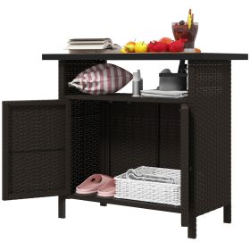 Outsunny Wicker Outdoor Storage Cabinet with Two Doors and Shelf for Outdoor Pool Towel Storage, Dark Coffee