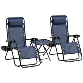 Outsunny Zero Gravity Lounger Chair Set of 3, Folding Reclining Patio Chair, Side Table, Cup Holder, Headrest, Blue, Poolside & Camping
