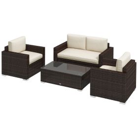 Outsunny 4 Pieces Rattan Sofa Set Wicker Patio Sofa Set with Loveseat Chairs Glass Top Coffee Table for Garden Outdoor Khaki
