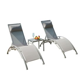 Pool Lounge Chairs Set of 3, Adjustable Aluminum Outdoor Chaise Lounge Chairs with Metal Side Table, All Weather for Deck Lawn Poolside Backyard (Grey (Color: as Pic)